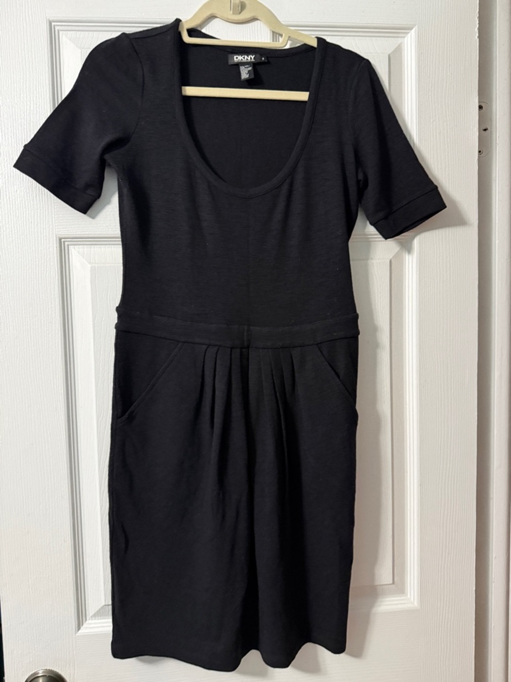DKNY Black Scoop-Neck Midi Dress with Pleated Skirt